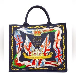 Harrod's King Charles III Coronation Book Tote Style Bag Navy L NWT